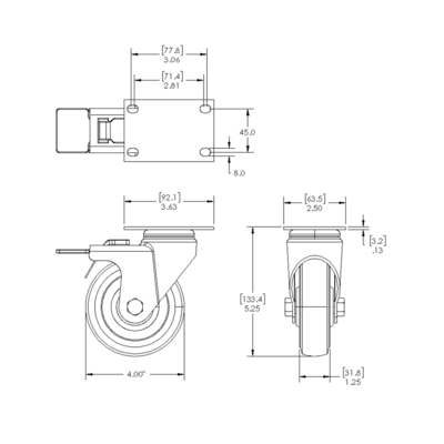 31-SPD4-7 MODULAR SOLUTIONS ALUMINUM CASTER<br>4" SWIVEL TOP PLATE W/BRAKE & HARDWARE